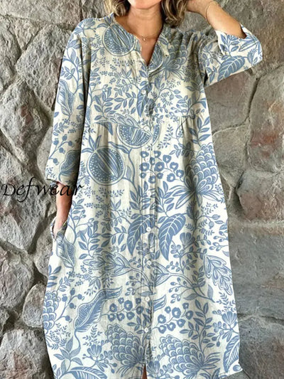 Women’s Art Floral Print V-Neck Button-Down Three-Quarter Sleeve Midi Dress A / S