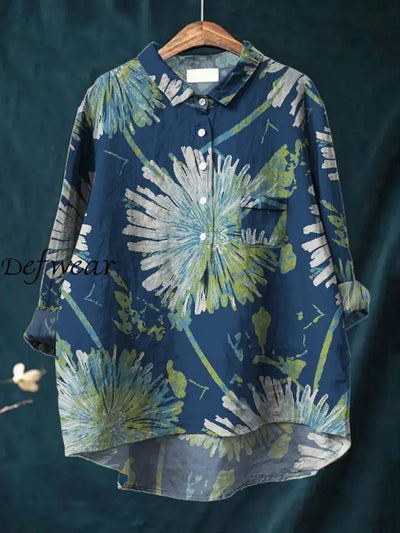 Women’s Art Floral Print V Neck Lapel Long Sleeve Pocket Button Up Shirt Top A / S