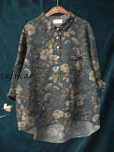 Women’s Art Floral Print V Neck Long Sleeve Button Pocket Shirt Top A / S