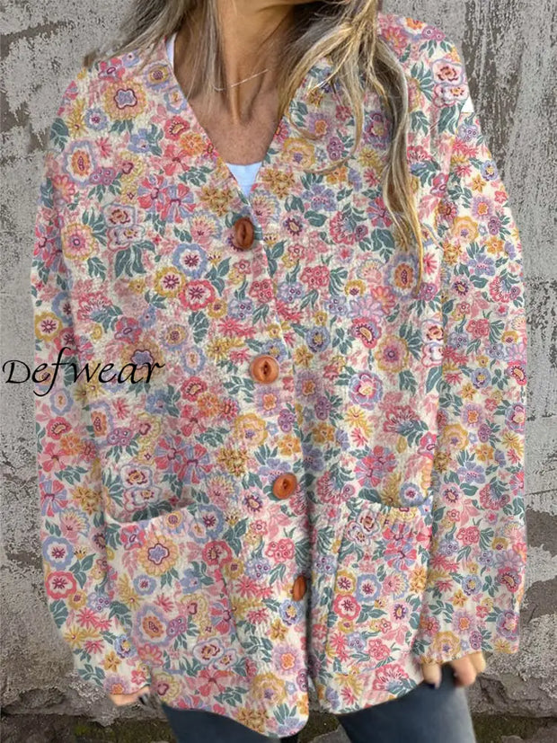 Women’s Art Floral Print V Neck Long Sleeve Loose Button Knitted Cardigan Sweater A / S