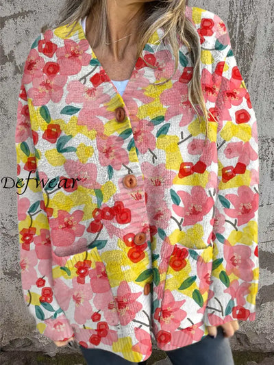 Women’s Art Floral Print V Neck Long Sleeve Loose Button Knitted Cardigan Sweater A / S