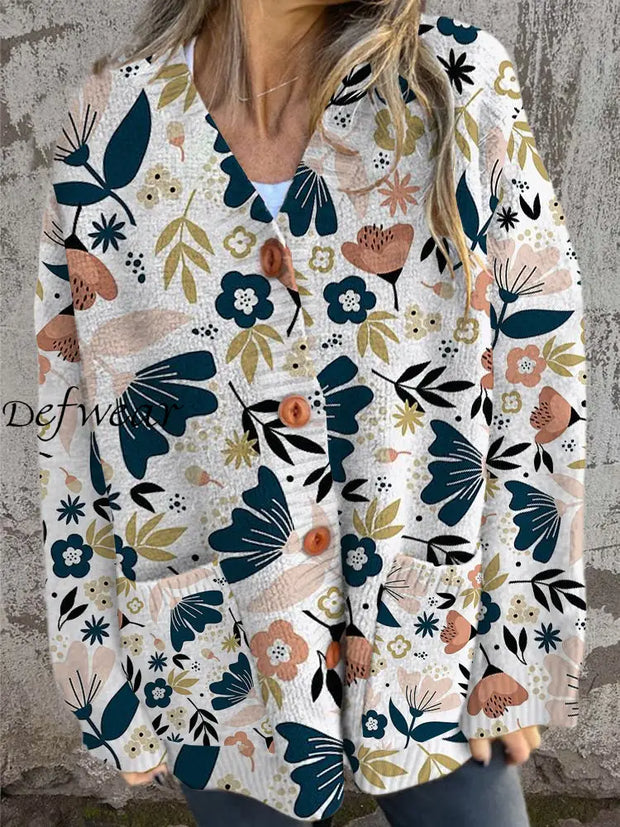 Women’s Art Floral Simple Printed V-Neck Long Sleeve Loose Button Knitted Cardigan Sweater A / S