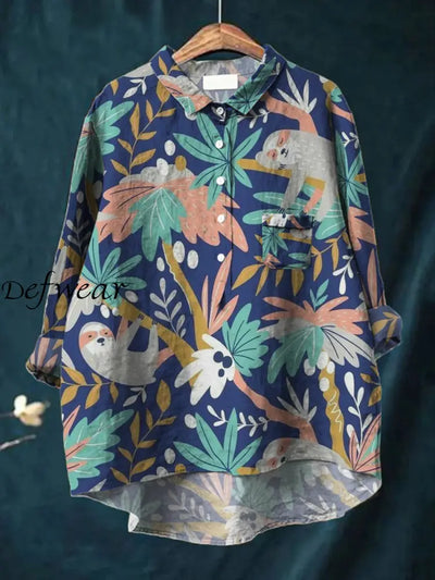 Women’s Art Koala Print V-Neck Button-Down Long Sleeve Pocket Shirt A / S