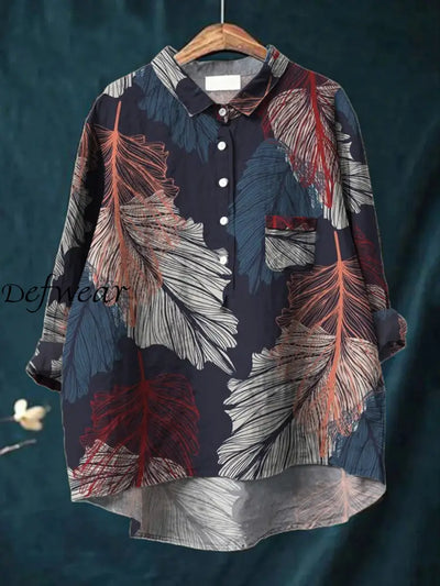 Women’s Art Leaf Print Elegant V-Neck Long Sleeve Pocket Button-Down Shirt Top A / S