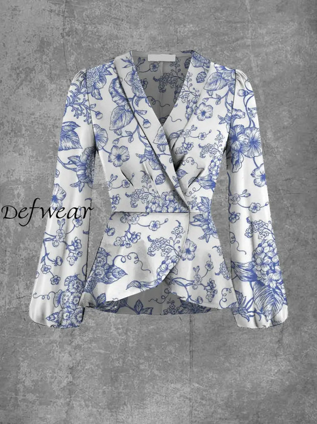 Women’s Art Print Elegant V-Neck Lapel Long Sleeve Top Jacket A / S