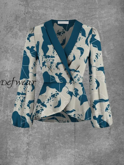 Women’s Art Print Elegant V-Neck Lapel Long Sleeve Top Jacket A / S