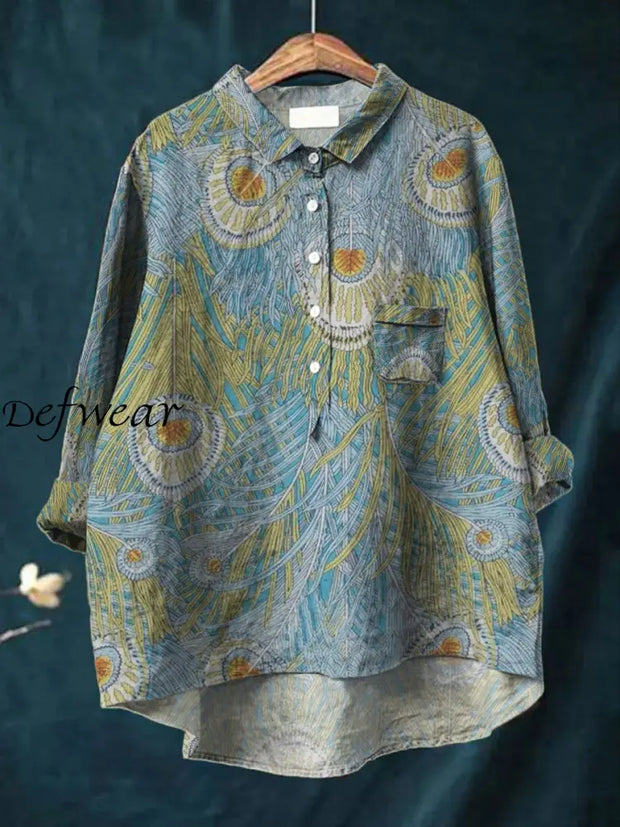 Women’s Art Print Elegant V Neck Long Sleeve Pocket Button Up Shirt Top A / S