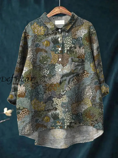 Women’s Art Print Long Sleeve V-Neck Pocket Button Shirt Top A / S