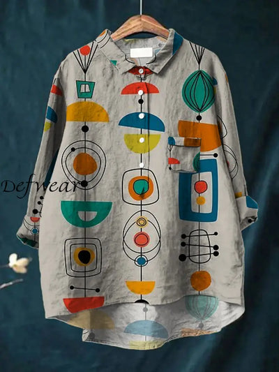 Women’s Art Print V Neck Button Pocket Long Sleeve Shirt Top A / S