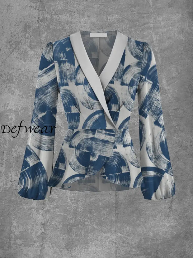 Women’s Art Print V-Neck Lapel Elegant Chic Long Sleeve Top A / S