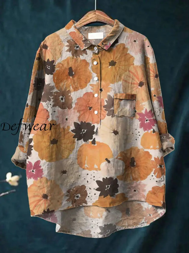 Women’s Art Print V Neck Lapel Long Sleeve Pocket Button Up Shirt Top A / S