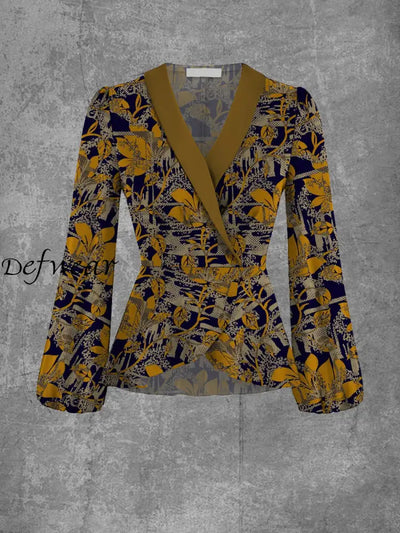 Women’s Art Print Vintage V-Neck Lapel Elegant Chic Long Sleeve Top A / S