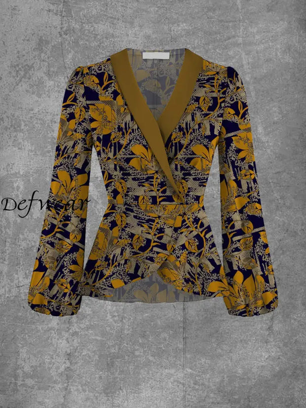 Women’s Art Print Vintage V-Neck Lapel Elegant Chic Long Sleeve Top A / S