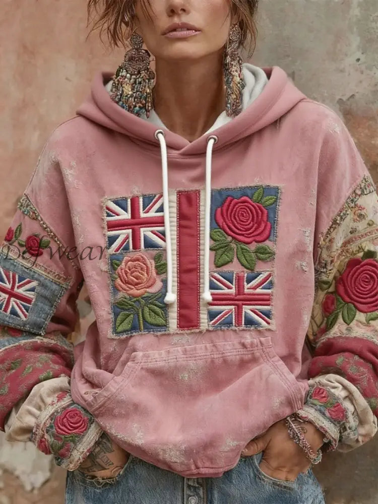 Women’s British flag and roses hoodie Pink / S