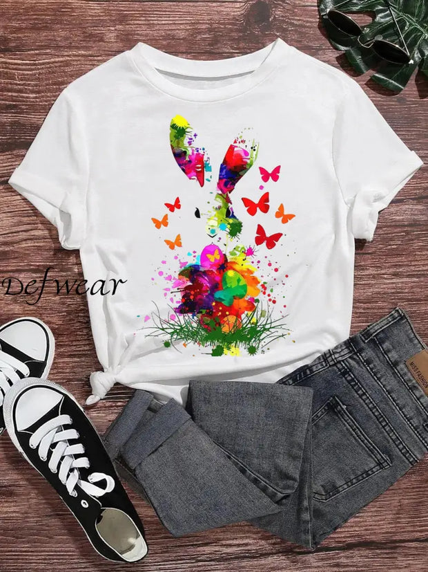 Women’s Bunny Painted Art Print T-Shirt White / S