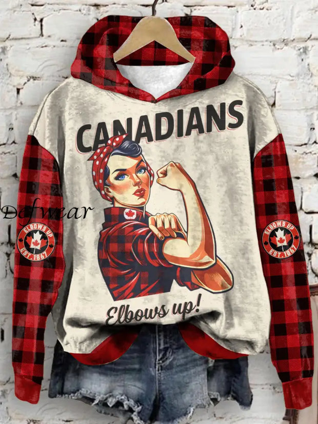 Women’s Canada Elbows Up Plaid Printed Hoodie Red / S