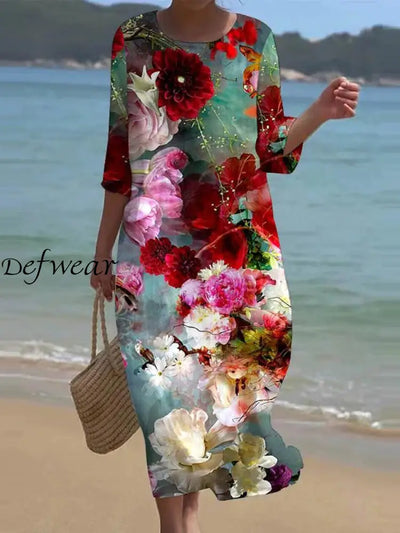 Women’s Casual Round Neck Floral Art Print Short Sleeve Midi Dress