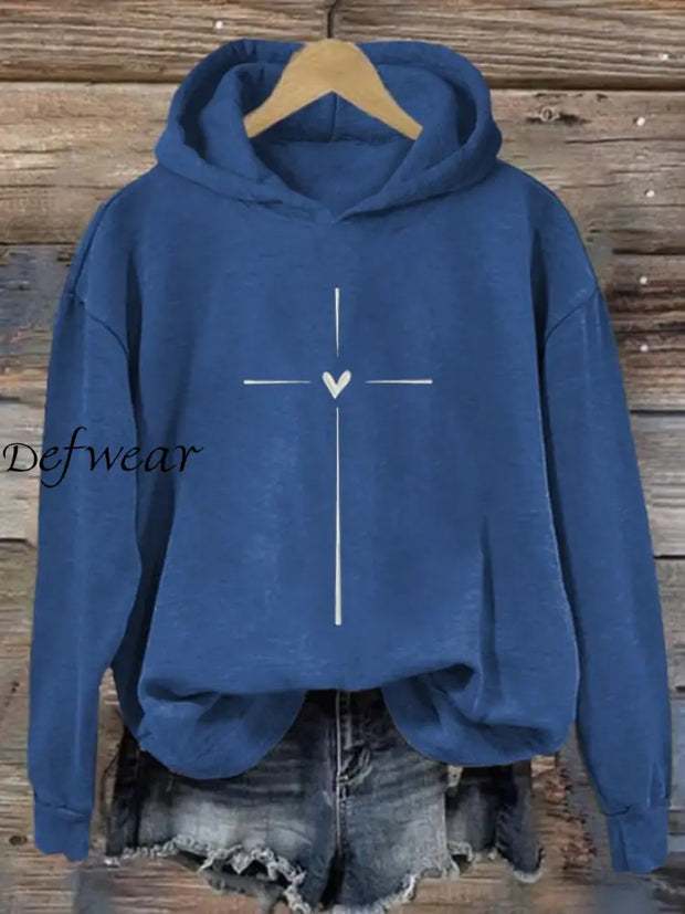 Women’s Christian Cross Printed Long Sleeve Hoodie Blue / S