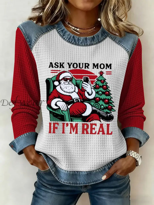 Women’s Christmas Ask Your Mom If I’m Real Denim Patchwork Waffle Top Red / S