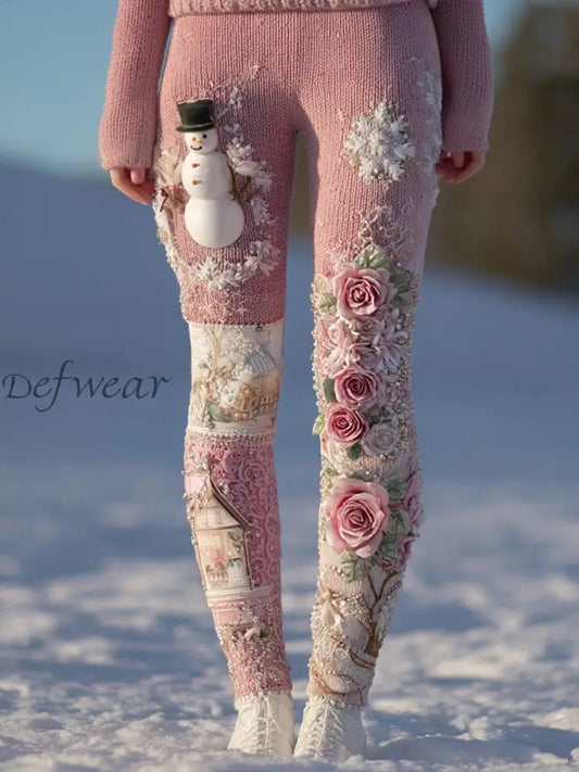 Women’s Christmas clothing breast cancer pink floral and snowman leggings Pink / S