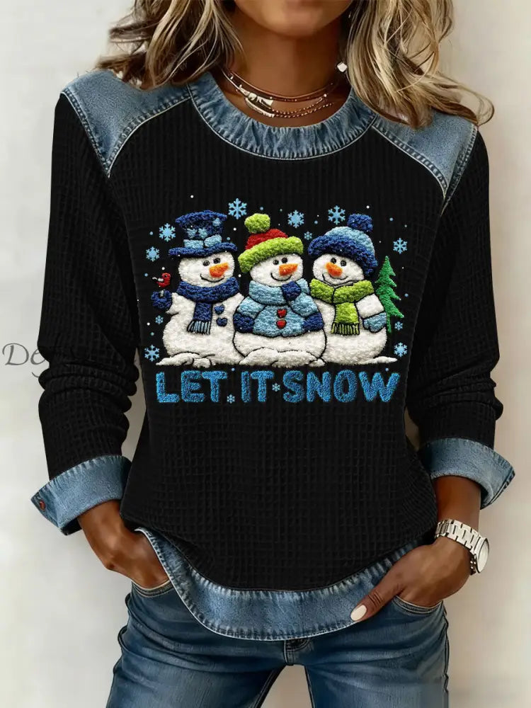 Women’s Christmas Let It Snow Denim Patchwork Waffle Top Black / S