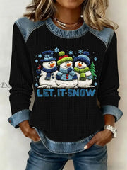 Women’s Christmas Let It Snow Denim Patchwork Waffle Top Black / S