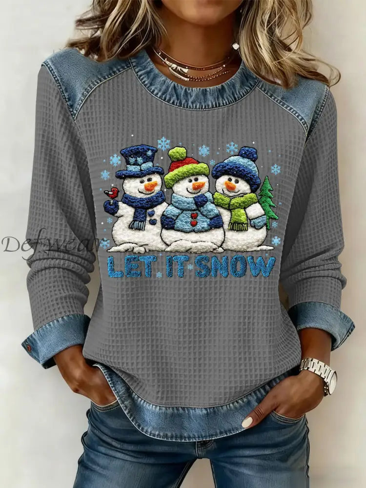 Women’s Christmas Let It Snow Denim Patchwork Waffle Top Gray / S