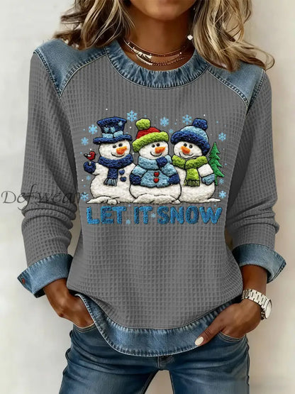 Women’s Christmas Let It Snow Denim Patchwork Waffle Top Gray / S
