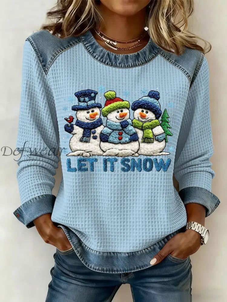 Women’s Christmas Let It Snow Denim Patchwork Waffle Top Light Blue / S