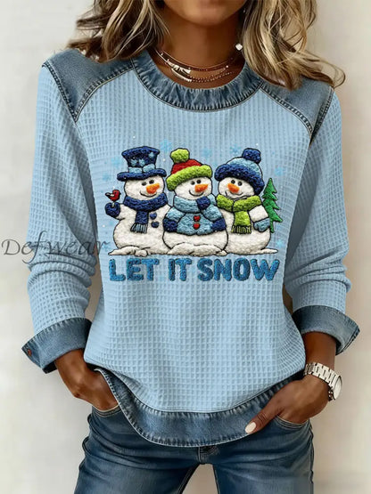 Women’s Christmas Let It Snow Denim Patchwork Waffle Top Light Blue / S