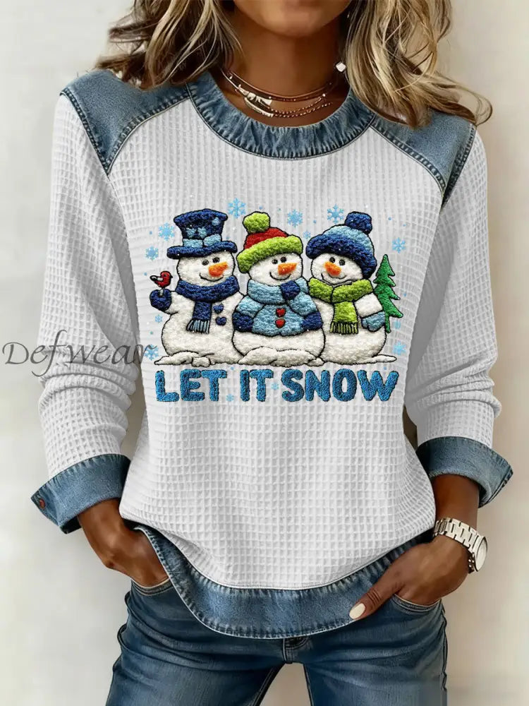 Women’s Christmas Let It Snow Denim Patchwork Waffle Top White / S