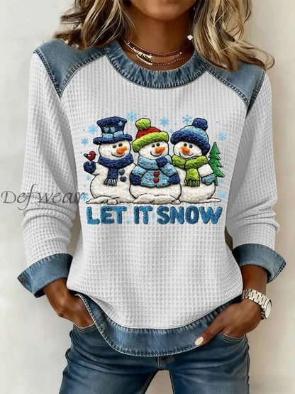 Women’s Christmas Let It Snow Denim Patchwork Waffle Top White / S