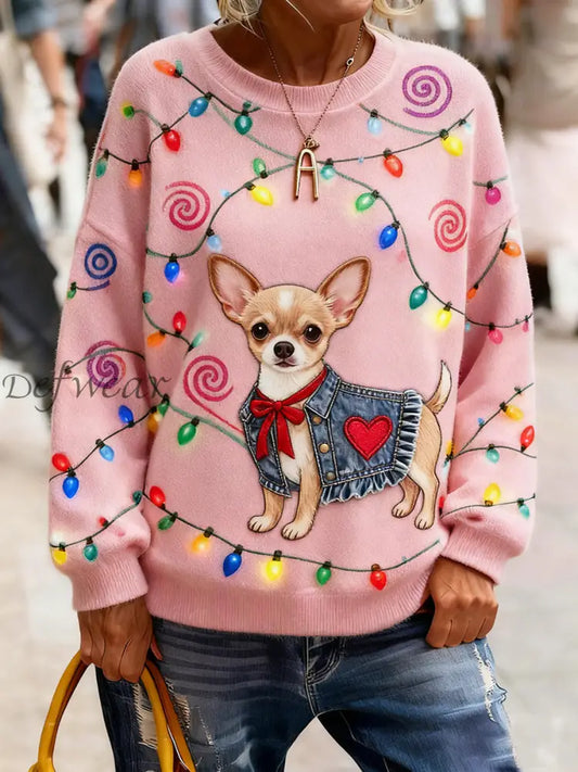 Women’s Christmas Light Chihuahua Fleece Sweatshirts Pink / S