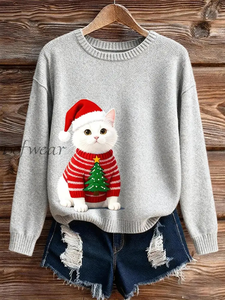 Women’s Christmas Tree Cat Sweaters Light Gray / S