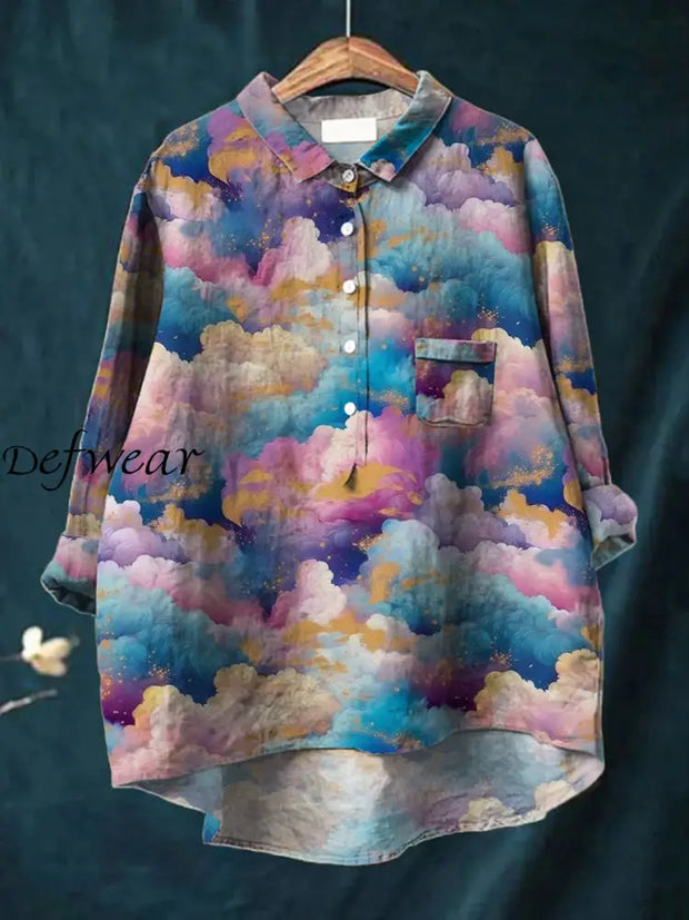 Women’s Cloud Art Print V-Neck Button Pocket Long Sleeve Shirt Top A / S