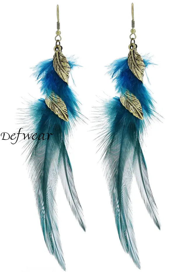 Women’s Colorful Bohemian Retro Leaves Rotating Feather Tassel Earrings Blue