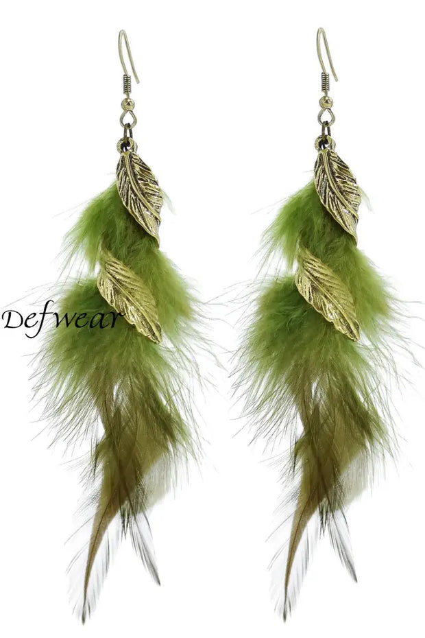 Women’s Colorful Bohemian Retro Leaves Rotating Feather Tassel Earrings Green