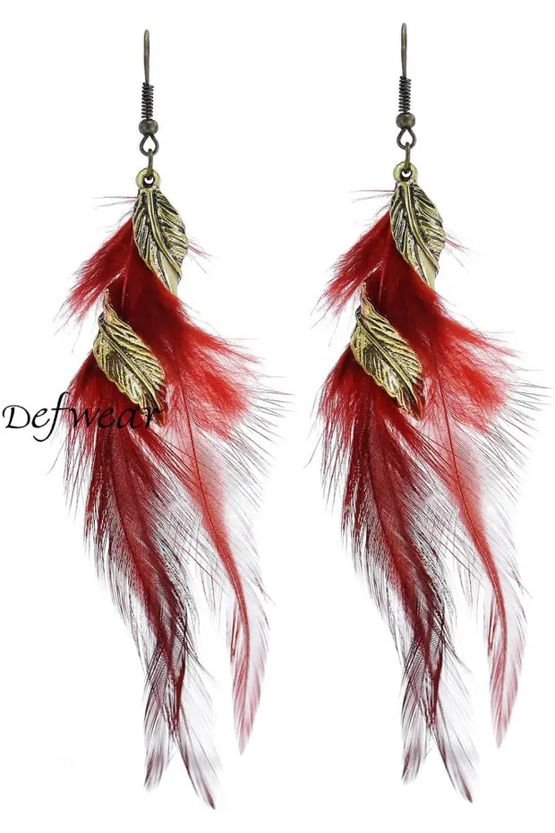 Women’s Colorful Bohemian Retro Leaves Rotating Feather Tassel Earrings Red