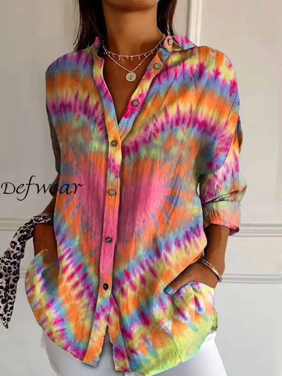 Women’s Colorful Heart Tie Dye Print Casual Cotton Linen Shirt Top Colorful / S