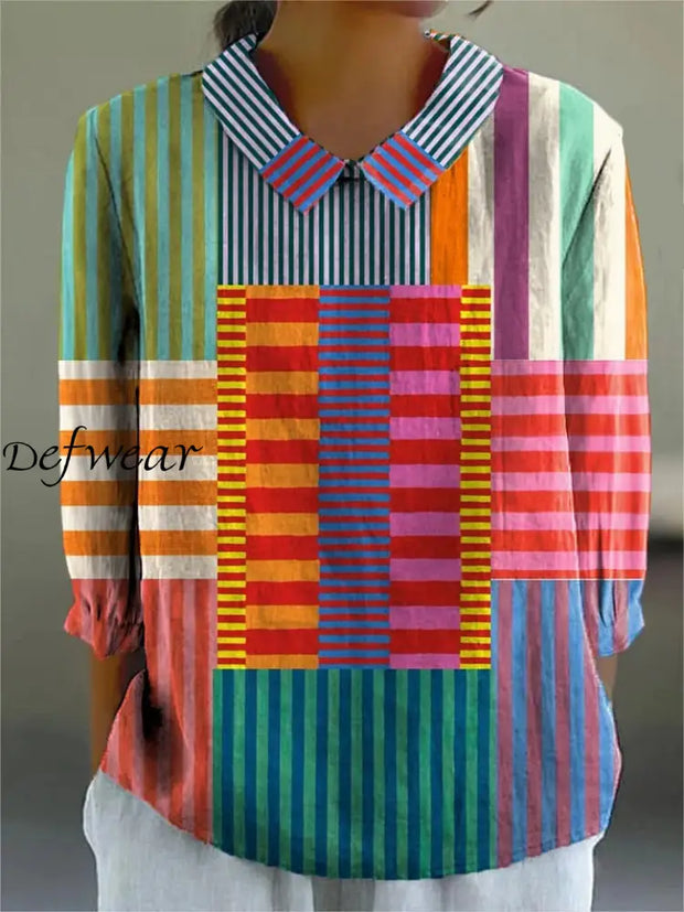 Women’s Colorful Patchwork Striped Cotton Linen 3/4 Sleeve Blouse Colorful / S