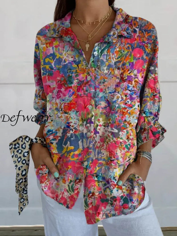 Women’s Contrast Art Floral Print V-Neck Long Sleeve Button-Down Shirt A / S