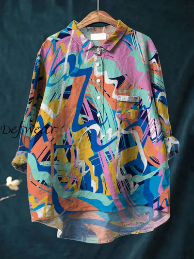 Women’s Contrast Color Abstract Art Print V-Neck Long Sleeve Button Pocket Shirt A / S