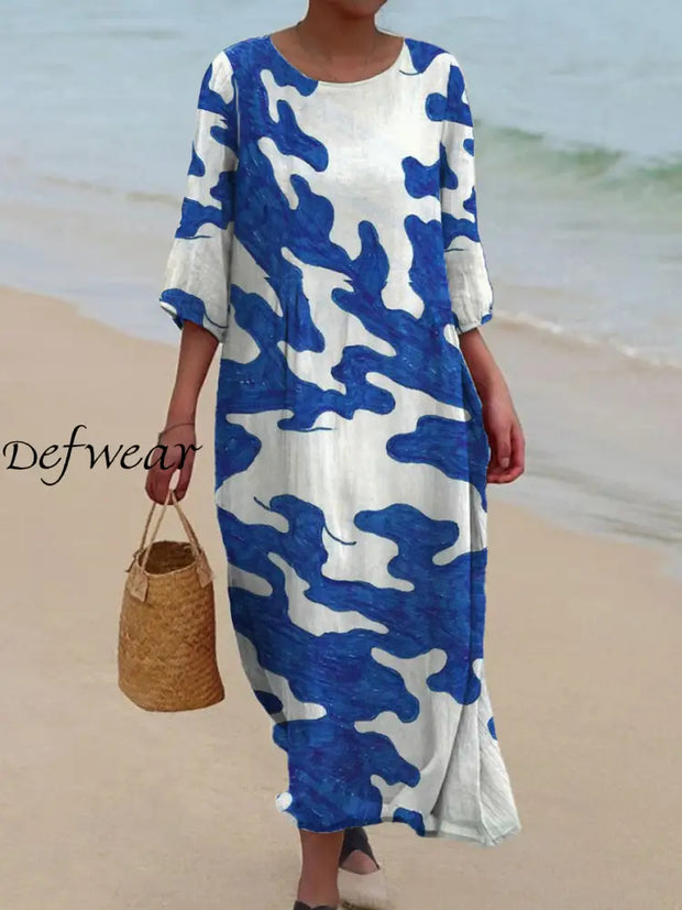 Women’s Contrast Color Art Print Round Neck Mid Sleeve Loose Midi Dress A / S