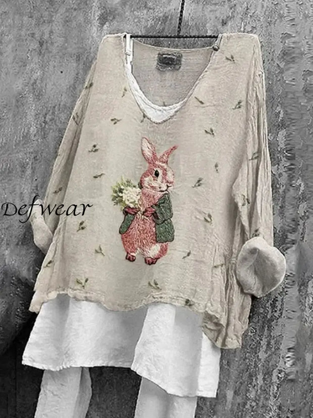 Women’s Cute Bunny Embroidery Pattern Comfortable Linen Shirt Apricot / S