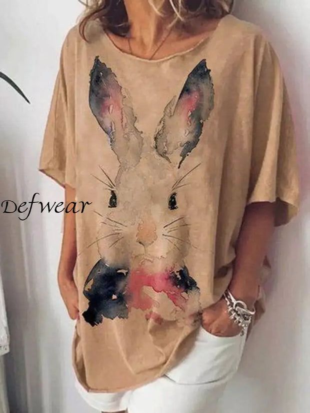 Women’s Cute Bunny Print O-Neck Loose Short Sleeve T-Shirt Dark Khaki / S