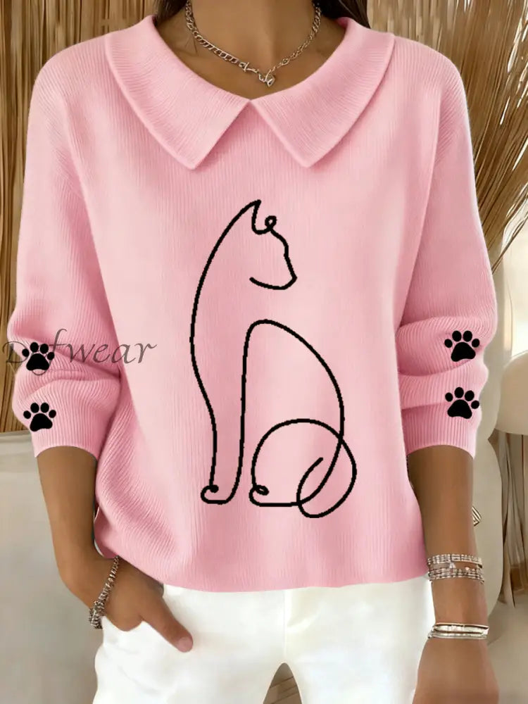 Women’s Cute Cat Print Cat Lovers Casual Baby Doll Collar Top Pink / S