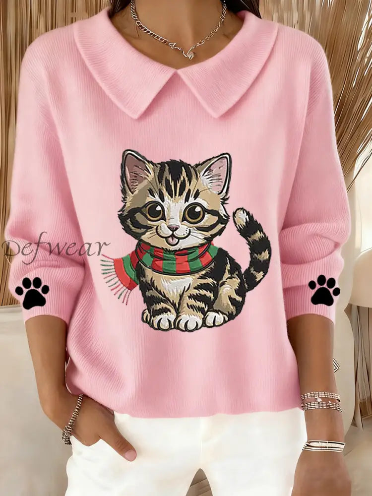 Women’s Cute Cat Print Cat Lovers Casual Baby Doll Collar Top Pink / S