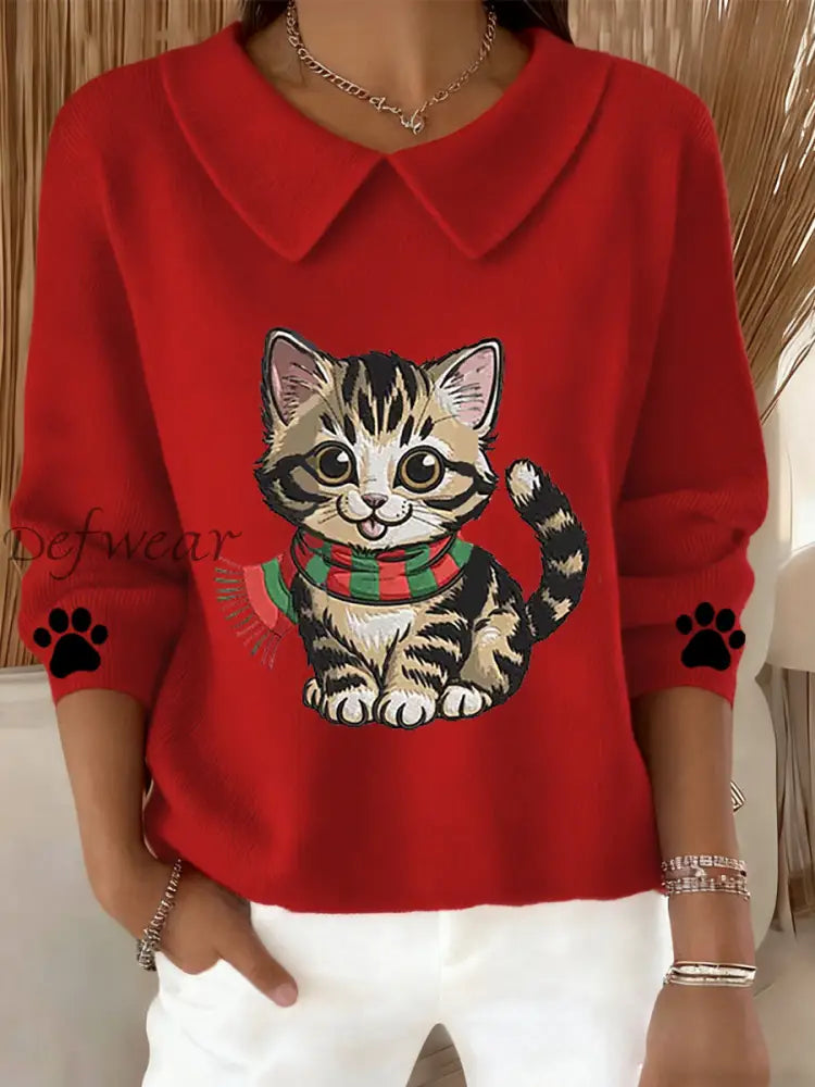 Women’s Cute Cat Print Cat Lovers Casual Baby Doll Collar Top Red / S