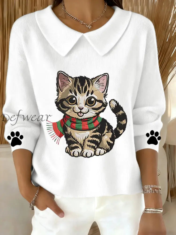 Women’s Cute Cat Print Cat Lovers Casual Baby Doll Collar Top White / S