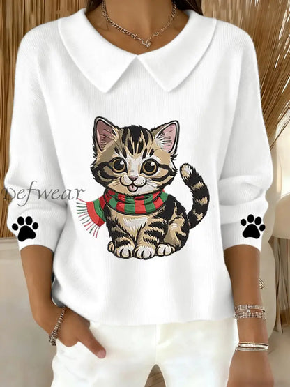 Women’s Cute Cat Print Cat Lovers Casual Baby Doll Collar Top White / S